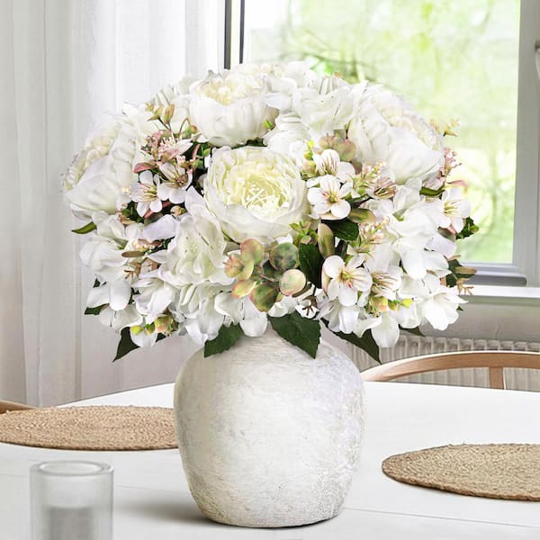 17 in. Cream White Artificial Mixed Peony Hydrangea Blossom Flower Stem Bush Bouquet (Set of 2)