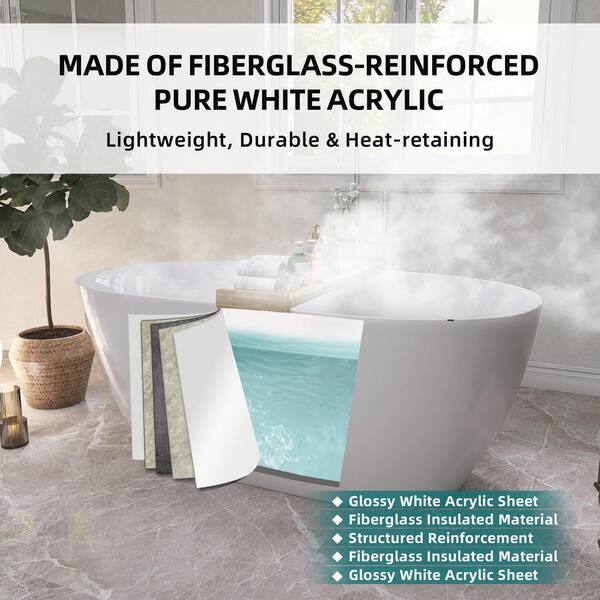 Zeafive 51 in. x 27.5 in. Oval Acrylic Free Standing Bath Tub Flatbottom Freestanding  Soaking Bathtub with Chrome Drain in White Z32E5S51W - The Home Depot