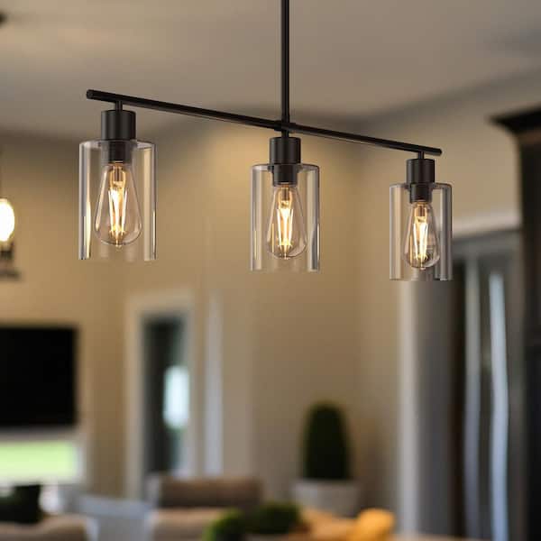YANSUN 3 Light Black Industrial Modern Linear Kitchen Island Pendant with Clear Glass Shades for Dining Table H DZ104BN1 The Home Depot