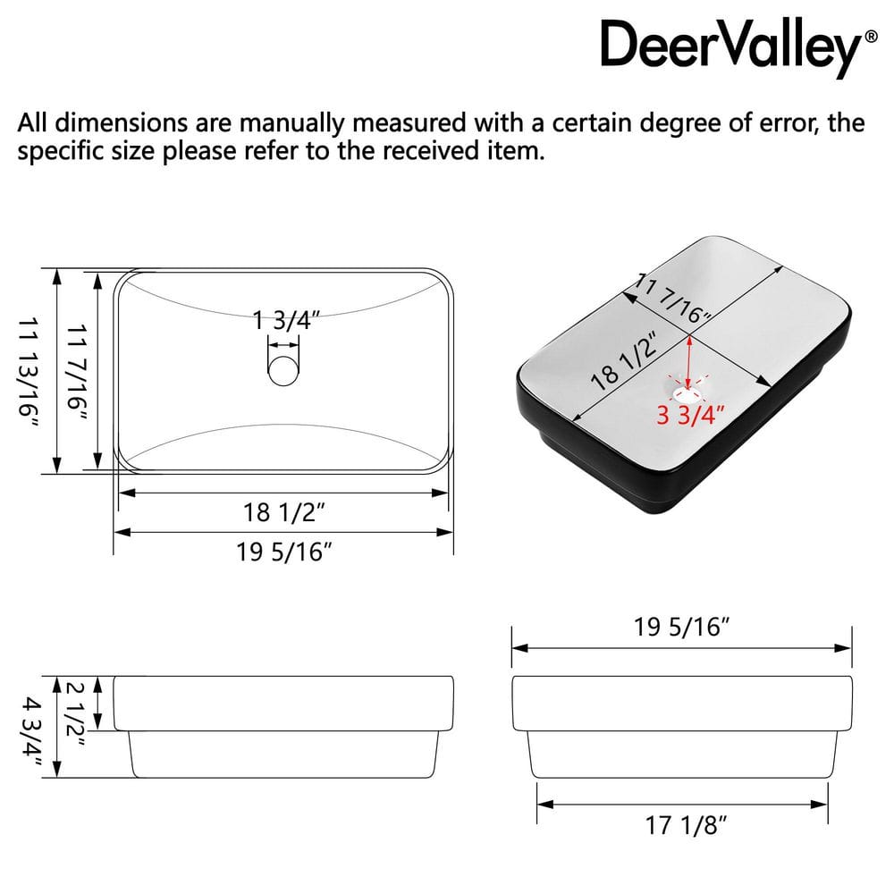 DeerValley Ally 19'' x 12'' Drop-In Bathroom Sink Semi-Recessed Vessel Sink Rectangular Above Counter Basin