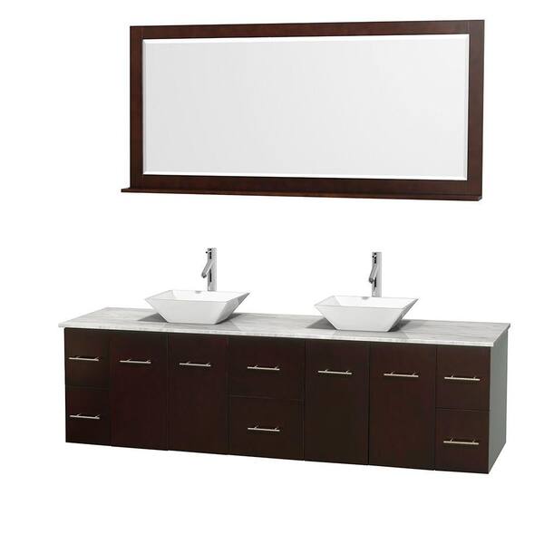 Wyndham Collection Centra 80 in. Double Vanity in Espresso with Marble Vanity Top in Carrara White, Porcelain Sinks and 70 in. Mirror