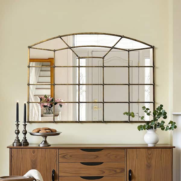 Antique Brass 47 in. W x 34 in. H Decorative Window Pane Arched Metal Framed Wall Mirror