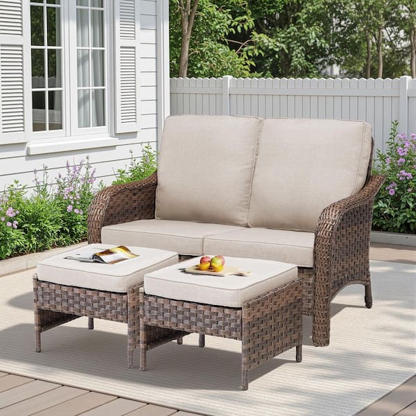 Gymojoy Rainf Brown 2-Piece Wicker Outdoor Loveseat Furniture Set
