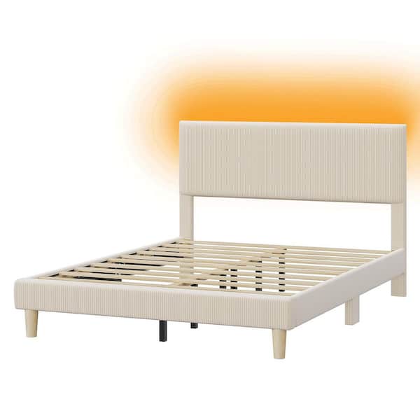 Beige Wood Frame Queen Platform Bed Upholestered Headboard with LED Lights