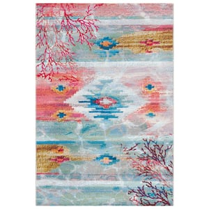 Barbados Light Blue/Pink 8 ft. x 10 ft. Ikat Distressed Indoor/Outdoor Patio  Area Rug