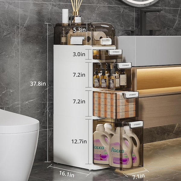 Slim 5-Tier Bathroom Storage Cabinet with Drawers and Wheels Waterproof Narrow Organizer for Small Spaces White 37.8 in.