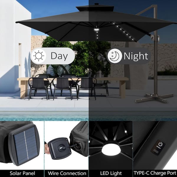2-Tier Top 13.5 ft. x 10 ft. Solar LED Lighted Cantilever 360° Rotation Patio Umbrella in Black with 350 lbs. Base