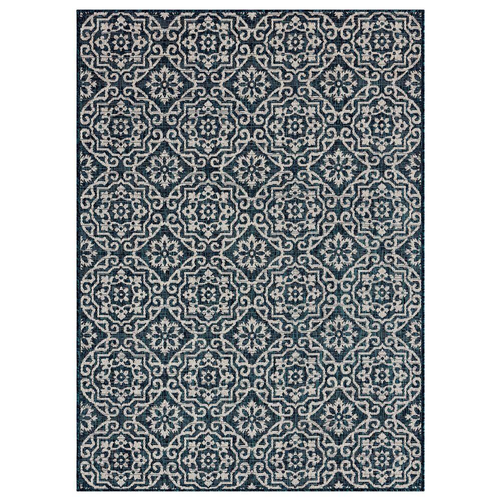 Navy Blue and Ivory Geometric Synthetic Indoor/Outdoor Rug