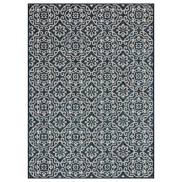 Nicole Miller Patio Country Danica Navy Blue/Ivory 5 ft. x 7 ft. Geometric Indoor/Outdoor Area Rug