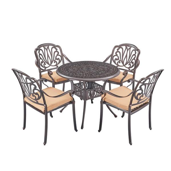 Trustmade Elizabeth 5 Piece Cast Aluminum Patio Outdoor Dining Set With Khaki Cushions Included 4207