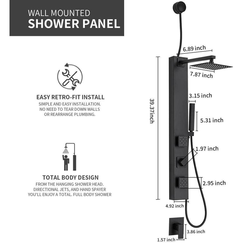 Matte Black Brass Shower Panel System with Adjustable Rainfall Shower Head