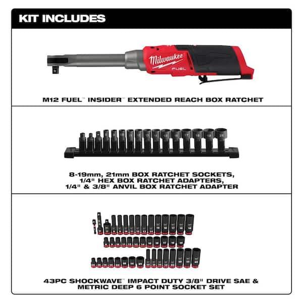 M12 FUEL INSIDER 12V Lithium-Ion Brushless Cordless 1/4in.-3/8in. Extended Reach Box Ratchet w/6 Point Impact Socket Set