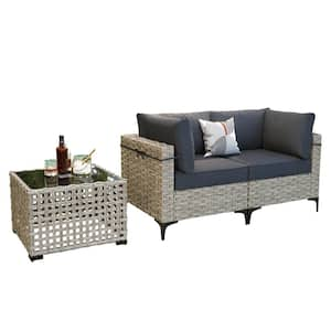 Apollo 3-Piece Wicker Outdoor Patio Conversation Seating Set with Black Cushions