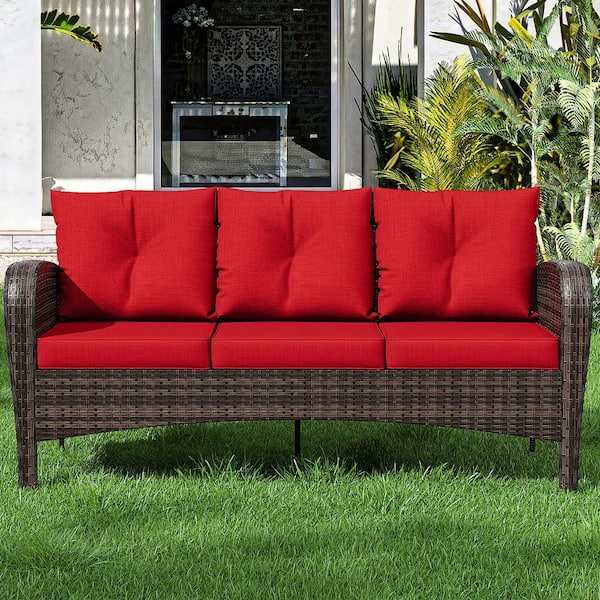 JOYSIDE 3-Seat Brown Wicker Outdoor Couch Patio Sofa with Deep Seating and Thick Red Cushions