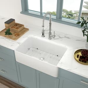 Ceramic 33 in. Single Bowl Round Corner Farmhouse Apron Kitchen Sink with Sink Grid and Drain Assembly