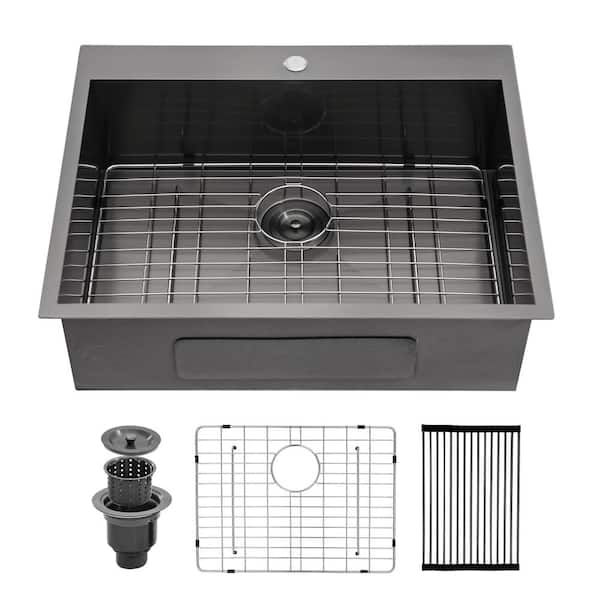 Unbranded 25 in. Drop-In Single Bowl Gunmetal Black Stainless Steel Kitchen Sink with Bottom Grid
