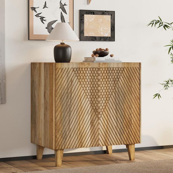 Harper & Bright Designs Natural Mango Wood 28 in. Sideboard with Adjustable Shelf, Symmetrical Diamond Pattern, Tapered Legs