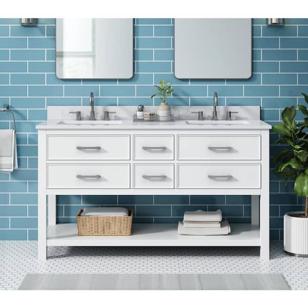 Brooks 61 in. Double Sink White Bath Vanity with Cala White Engineered Stone Top