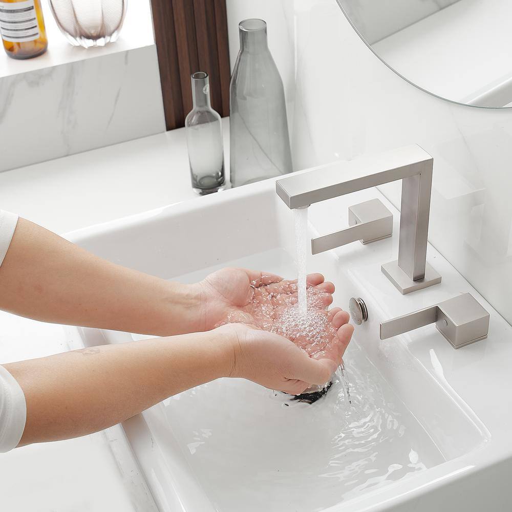 Brushed Nickel Widespread Double Handle Low-Arc Bathroom Faucet