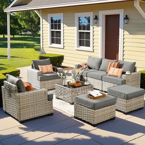 HOOOWOOO Merritt 8-Piece Wicker Outdoor Furniture Patio Conversation Sofa Seating Set with a LED Table and Dark Grey Cushions