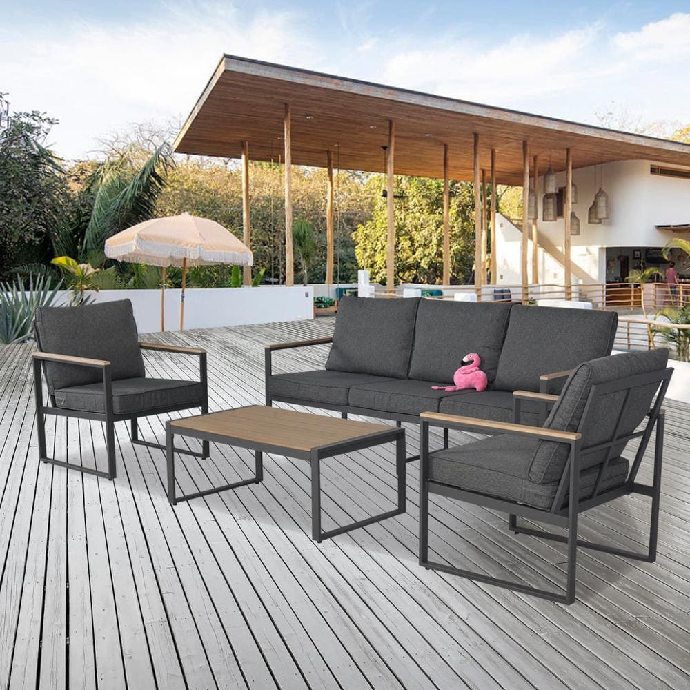 4-Piece Grey Aluminum Patio Outdoor Sectional Sofa Set with Dark Gray Cushi