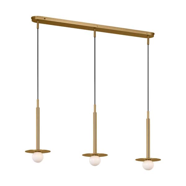 Generation Lighting Nodes 48.5 in. W x 20 in. H 3-Light Burnished Brass Linear Pendant Light with Milk Glass Shades, No Bulbs Included