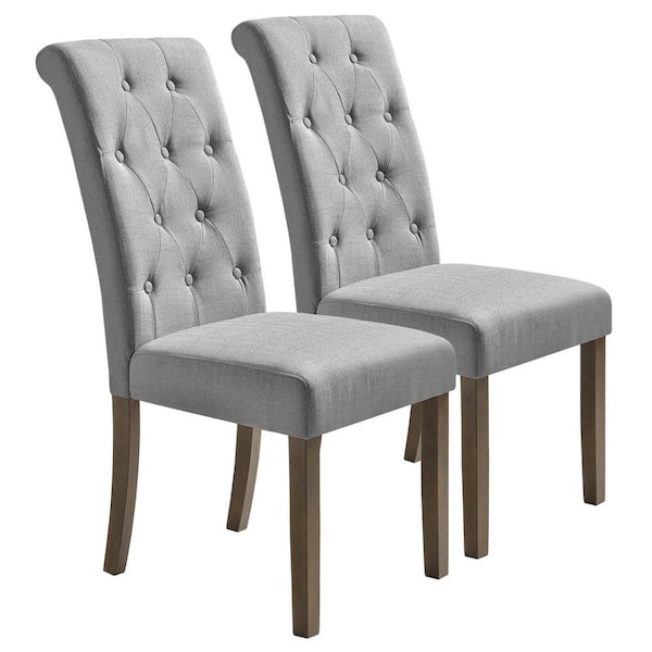 STICKON Gray Linen Solid Wood Tufted Dining Chair Side Chair (Set of 2)