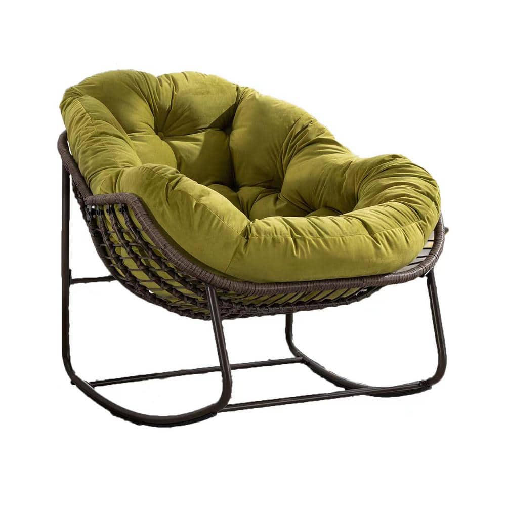 Wicker Outdoor Rocking Chair,Rocker Recliner with Olive Green Padded Cushio