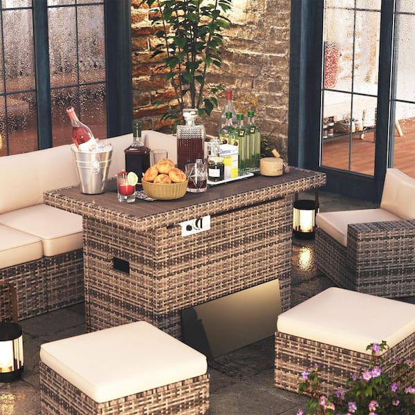 44 in. Gray Wicker Rectangular Propane Gas Fire Pit Table with Lid, Fire Glass Beads, and Waterproof Cover