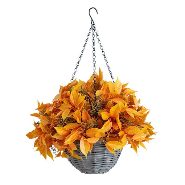 22 in. Yellow UV Resistant Autumn Artificial Fall Foliage Leaf Hanging Basket (Indoor/Outdoor)