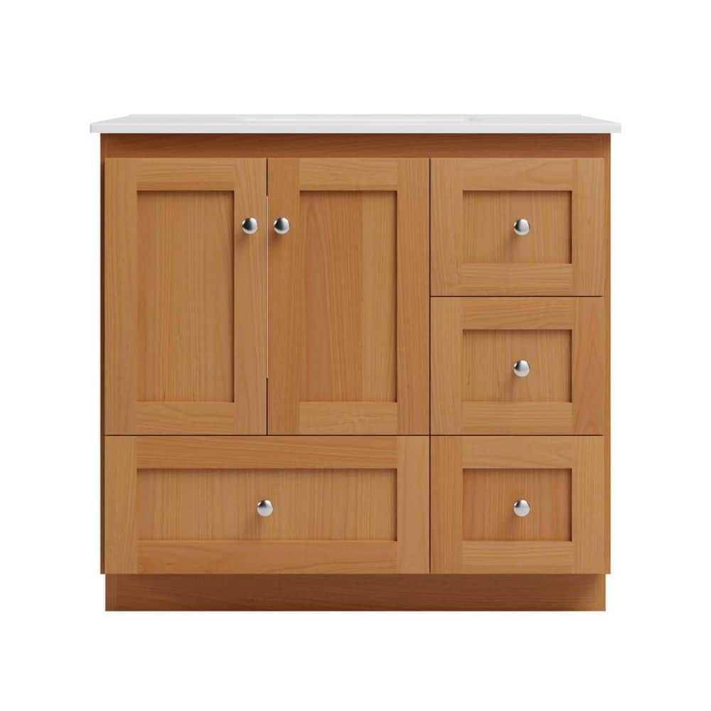 Shaker 37 in. W x 22 in. D x 35 in. H Vanity with Right Drawers in Natural Alder with Ceramic Vanity Top in White
