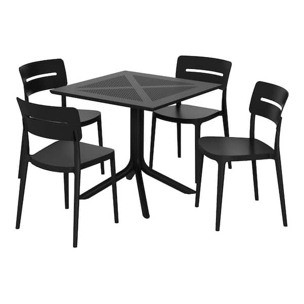 WESTIN OUTDOOR Frond and Form Black Plastic All Weather 5-Piece Square Table Modern Outdoor Patio Dining Set w/ 4 Stackable Chairs