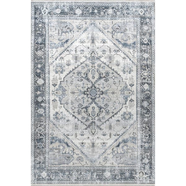 RUGS USA Larkspur Persian Fringed Machine Washable Light Grey 8 ft. x 10 ft. Indoor/Outdoor Patio Rug