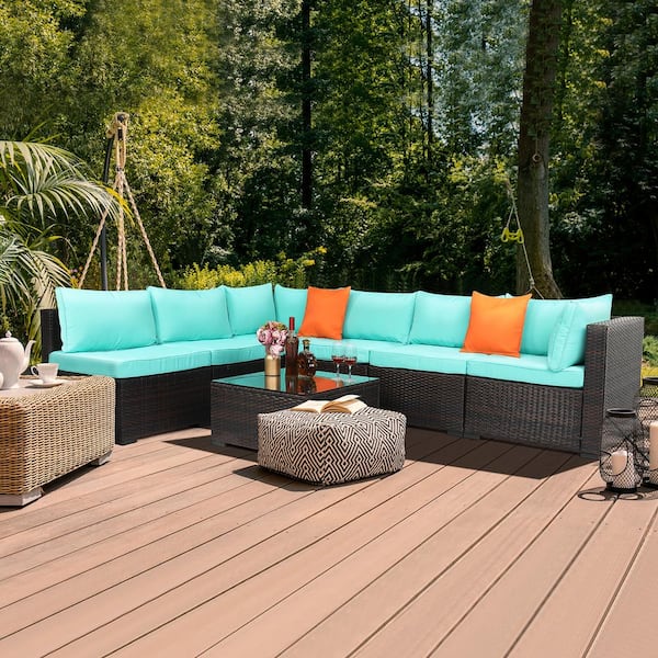 Karl home Brown Frame 7-Piece Wicker Outdoor Sectional Set with Blue Cushions