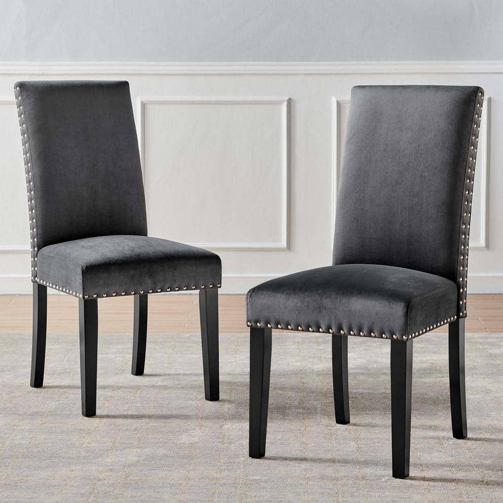 Charcoal Velvet Upholstered Parsons Side Chair with Nailhead Trim