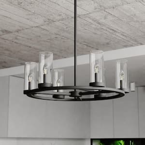 Grantley 6-Light Matte Black Wheel Chandelier Fixture Clear Glass Shade, LED Compatible, Damp Rated