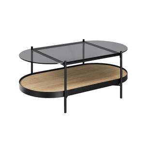 43 in. Coastal Oak/Black Oval Glass Top Coffee Table with Shelf