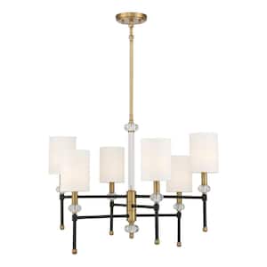 Tivoli 28 in. W x 20 in. H 6-Light Matte Black and Warm Brass Accents Chandelier with White Fabric Shades and Crystals