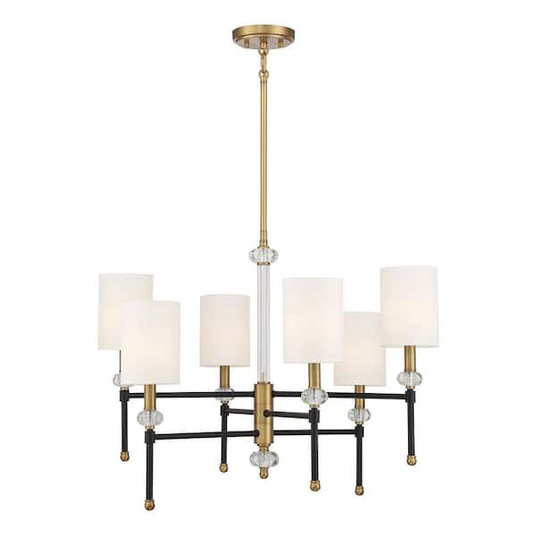 Savoy House Tivoli 28 in. W x 20 in. H 6-Light Matte Black and Warm Brass Accents Chandelier with White Fabric Shades and Crystals