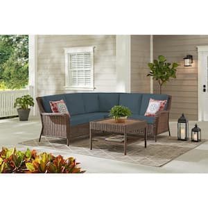 Cambridge 4-Piece Brown Wicker Outdoor Patio Sectional Sofa and Table with Sunbrella Denim Blue Cushions