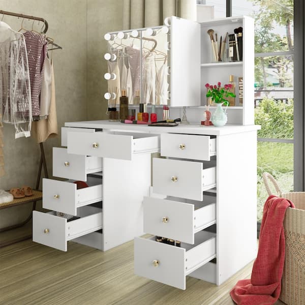 White Modern Makeup Vanity Desk 9 Drawers Wood Dressing Table With 3 Mirrors, Hidden Storage Shelves, LED Bulb Lights