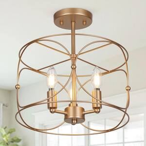 Modern Cage Kitchen Ceiling Light, Quinn 3-Light Gold Drum Semi-Flush Mount Light for Dining Room