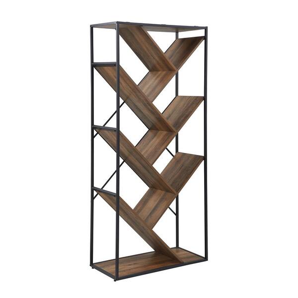 Welwick Designs 68 In Reclaimed Barnwood Wood And Metal 6 Shelf V Bookcase With Angled Shelves Hd8651 The Home Depot - Bookshelf Wall Anchor Home Depot