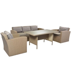 Light Brown 4-Piece Wicker Outdoor Conversation Sectional Set with Grey Cushions