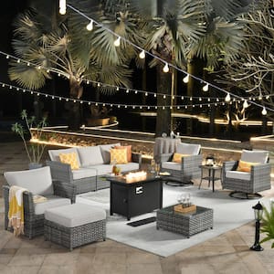Eufaula Gray 10-Piece Wicker Outdoor Patio Fire Pit Conversation Sofa Set with Swivel Rocking Chairs and Beige Cushions