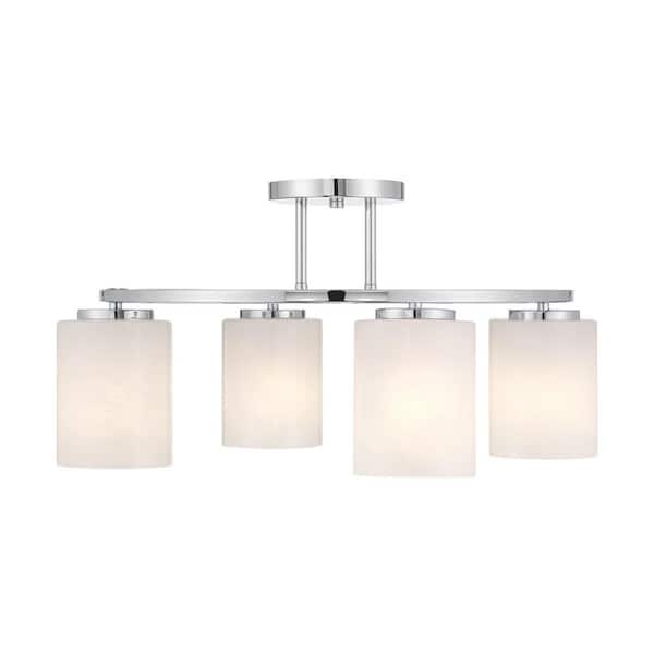 Herron 24 in. 4-Light Chrome Modern Contemporary Semi-Flush Mount Ceiling Light with White Cylinder Strie Glass Shades