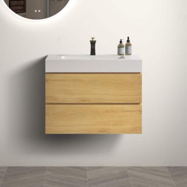 30 in. Single Sink Wall Mounted Natural Oak Bath Vanity with White Solid Surface Top Unassembled