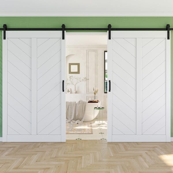 EH PUERTA 96 in. x 84 in. White Finished Solid Core MDF Herringbone Shape Sliding Barn Door Slab with Hardware Kit and Soft Close