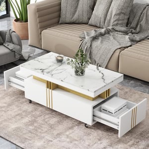 39.3 in. White Rectangle Faux Marble Coffee Table with 2-Drawer, Caster Wheels and Gold Metal Bars