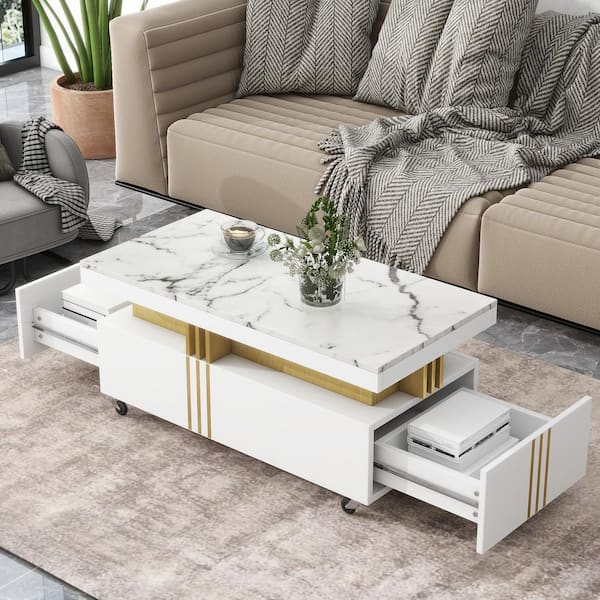 Harper & Bright Designs 39.3 in. White Rectangle Faux Marble Coffee Table with 2-Drawer, Caster Wheels and Gold Metal Bars